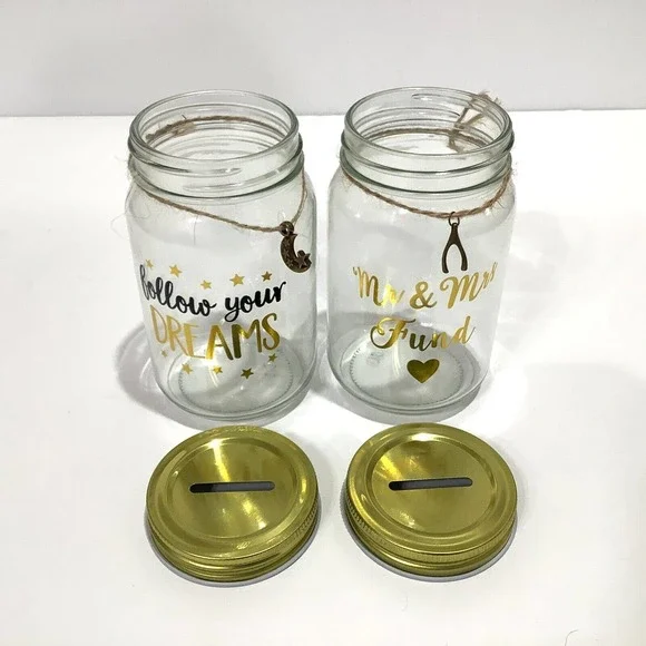 Pair of Glass Screw Top Jar Coin Banks Dreams Wedding w/ Charms NEW - Picture 3 of 6